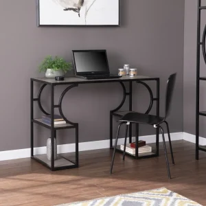 "Wood and Iron Writing Desk with Storage"