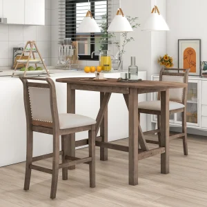 3-Piece Wood Counter Height Drop Leaf Dining Table Set with 2 Upholstered Dining Chairs for Small Place, Brown